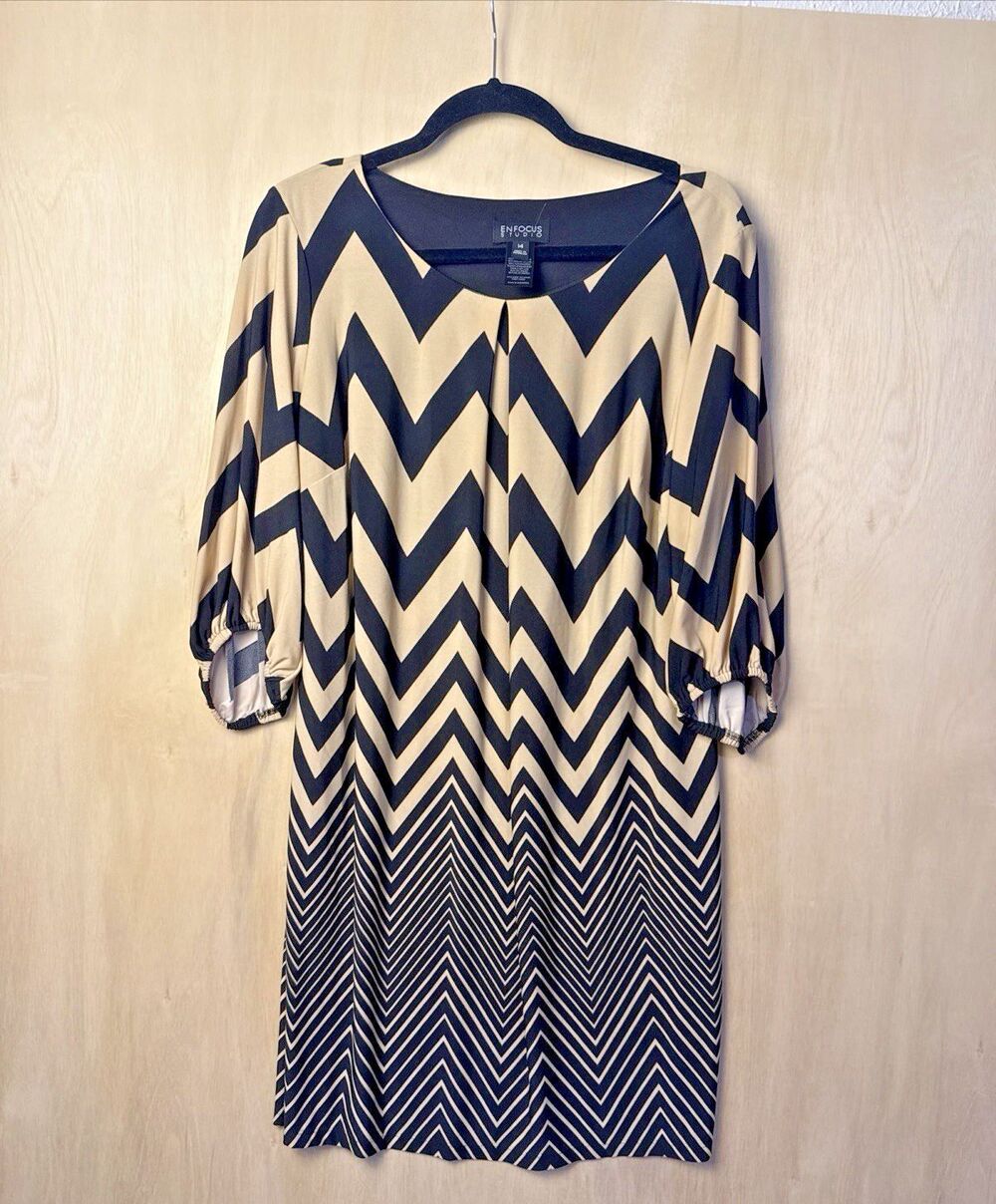 New Enfocus studio A Line dress women's 14 black beige geometric chevron